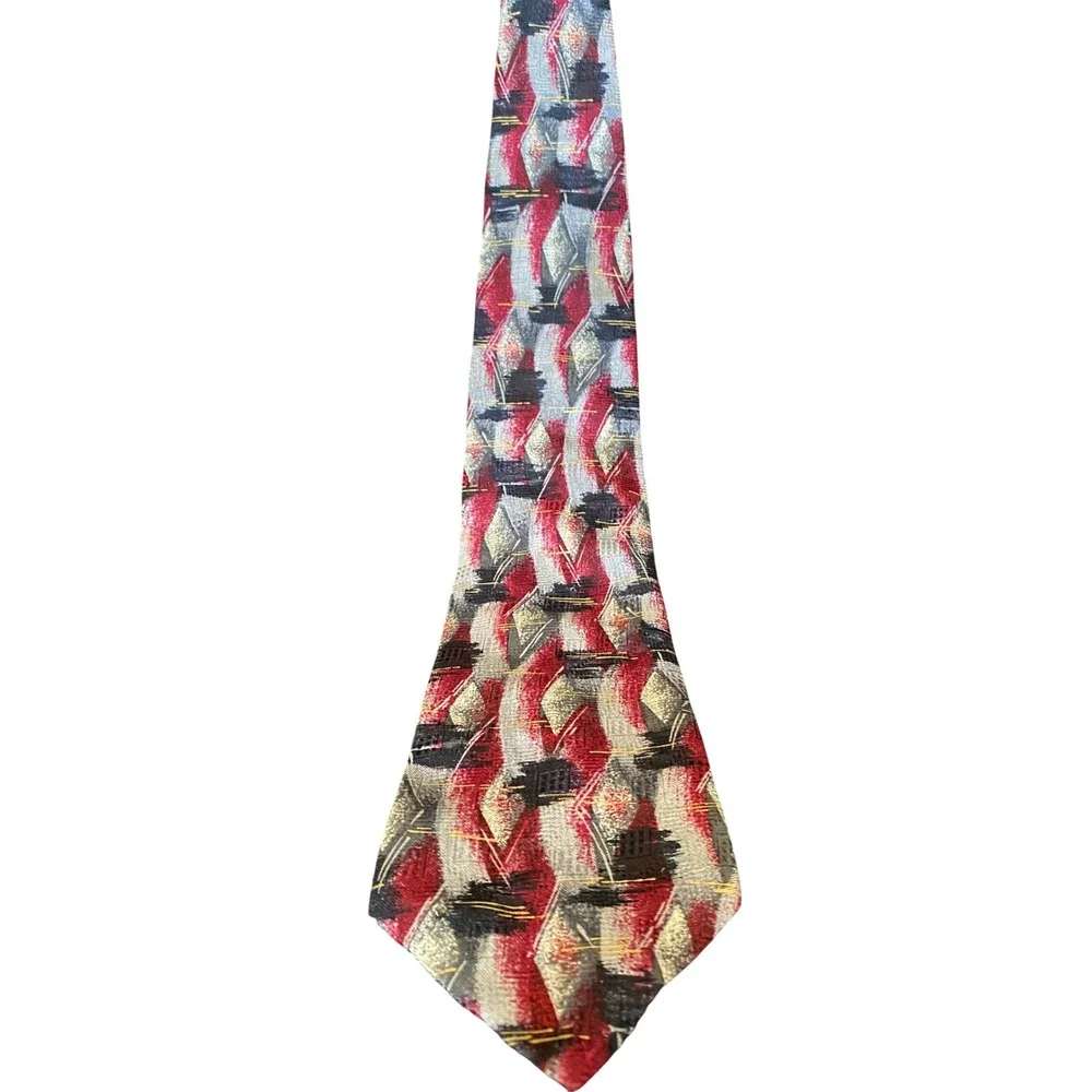 Gloria Vanderbilt Mens Silk Necktie Red Black Silver Abstract Geometric USA Made
